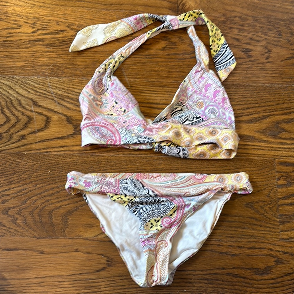 OndadeMar Yellow and Pink Paisley Bikini size 10 girls used